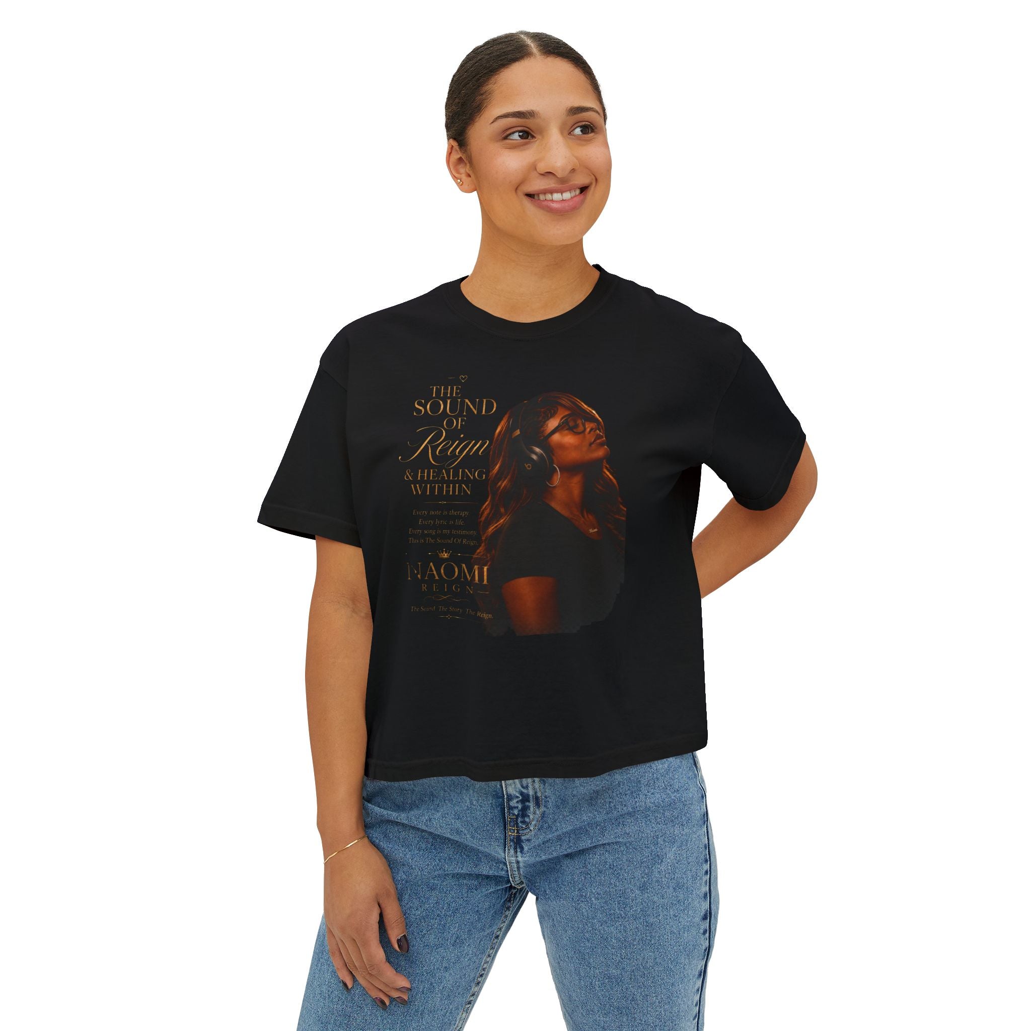 Boxy Tee — Inspirational Portrait 'Her Sound & Strength' Graphic