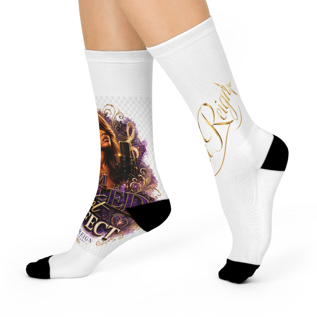 Cushioned Crew Socks – 'Not Perfect' Retro Music Portrait Graphic