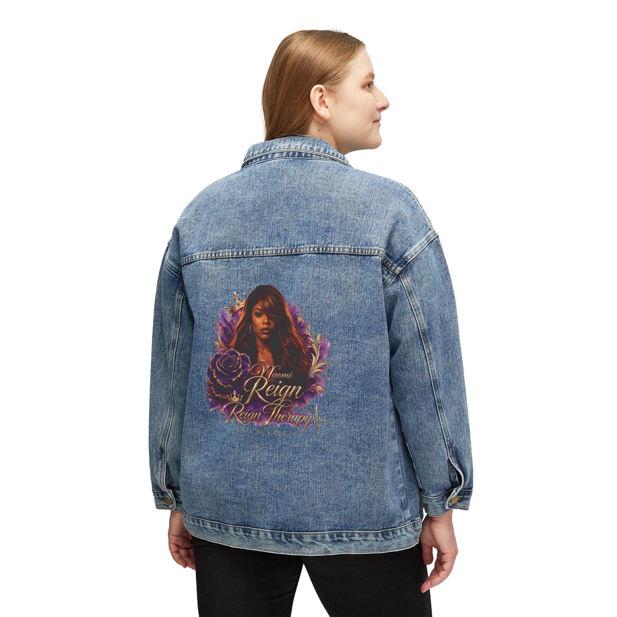 Women's Denim Jacket - 'Reign' Memorial Portrait Backprint Vintage Floral